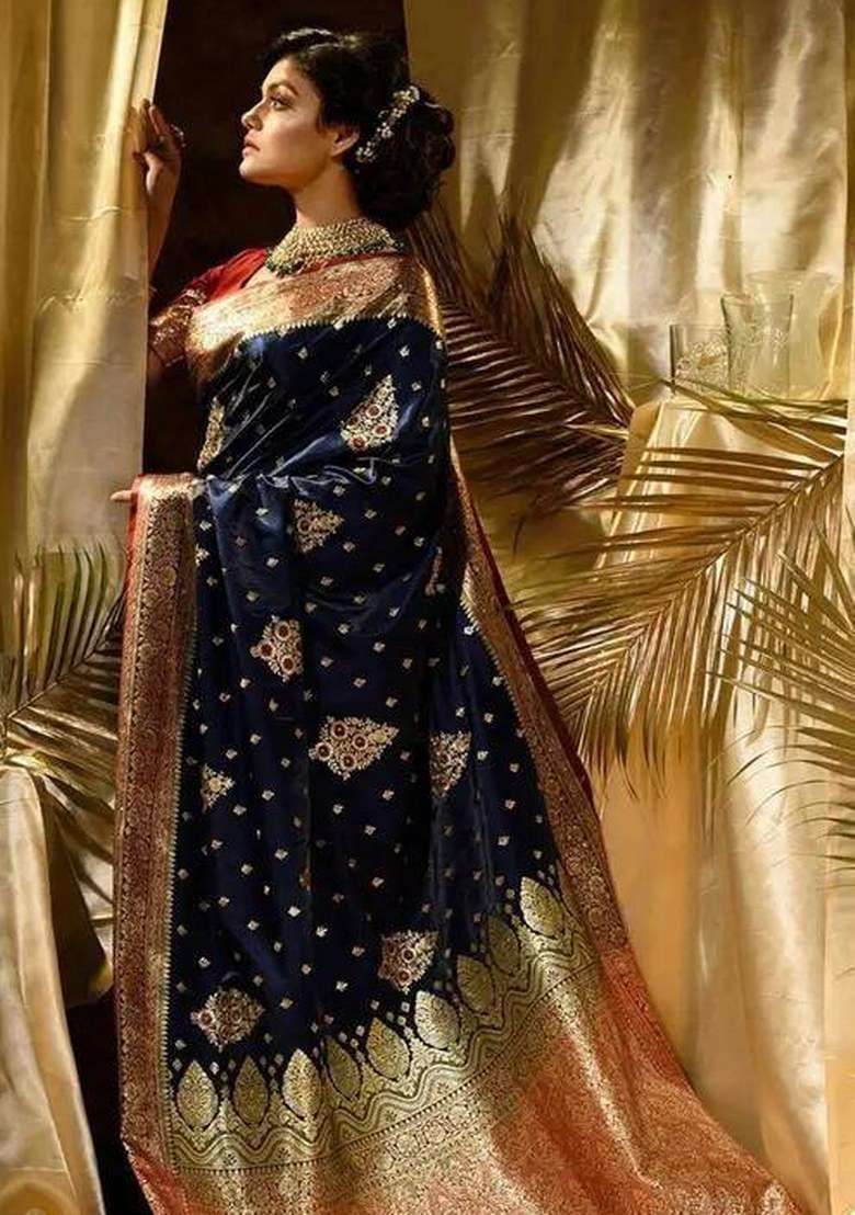 Blue Jacquard Silk Blend Saree Set for Diwali and Festive Wear - Indya