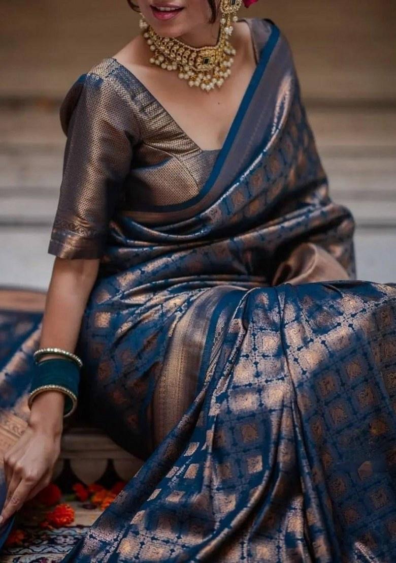 Petrol Blue Jacquard Silk Saree Set