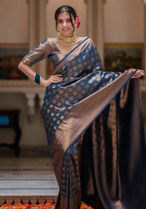 Petrol Blue Jacquard Silk Saree Set