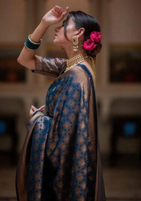 Petrol Blue Jacquard Silk Saree Set