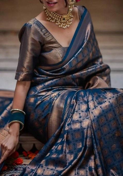 Petrol Blue Jacquard Silk Saree Set