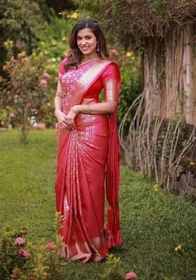 Pink Jacquard Silk Saree Set