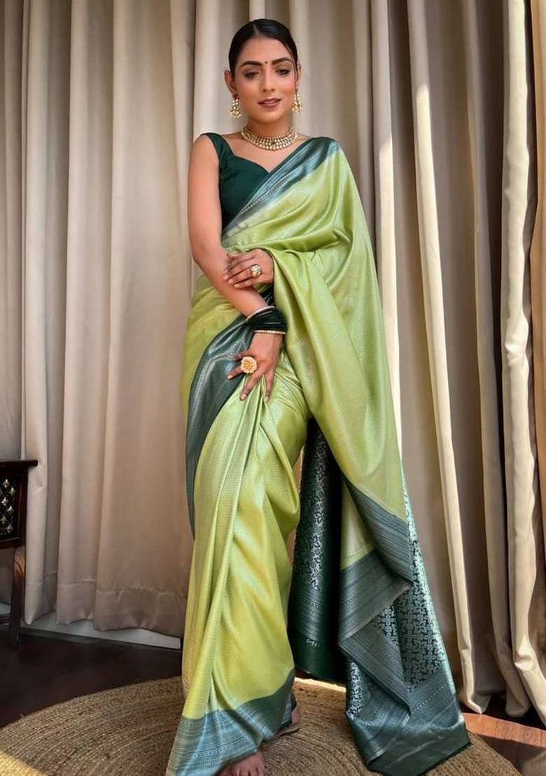 Pista Green Jacquard Silk Blend Saree Set for Diwali | Wedding & Festive Wear - Indya
