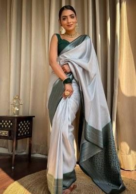 White Jacquard Silk Saree Set