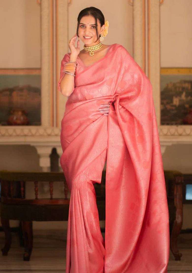 Peach Jacquard Silk Blend Saree Set for Diwali | Wedding & Festive Wear - Indya