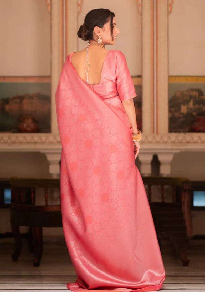 Peach Jacquard Silk Blend Saree Set for Diwali | Wedding & Festive Wear - Indya
