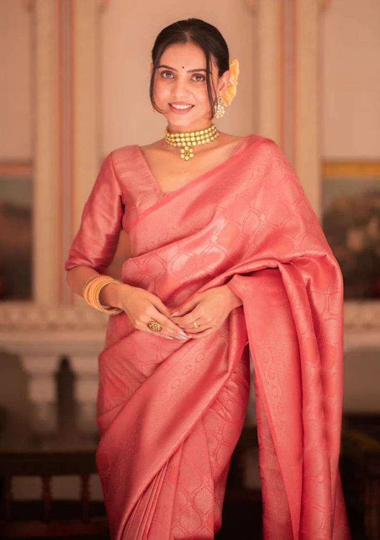 Peach Jacquard Silk Blend Saree Set for Diwali | Wedding & Festive Wear - Indya