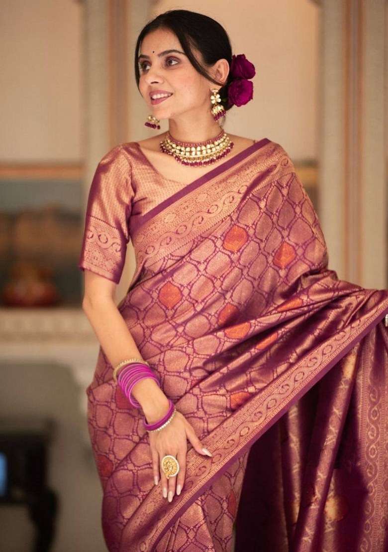 Purple Jacquard Silk Blend Saree Set for Diwali and Festive Wear - Indya