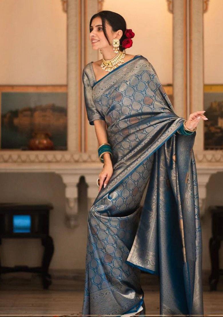 Petrol Blue Jacquard Silk Saree Set