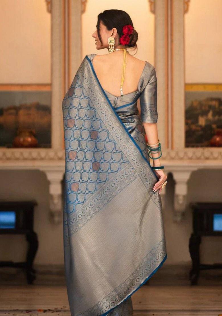 Petrol Blue Jacquard Silk Saree Set