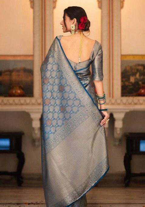 Petrol Blue Jacquard Silk Saree Set