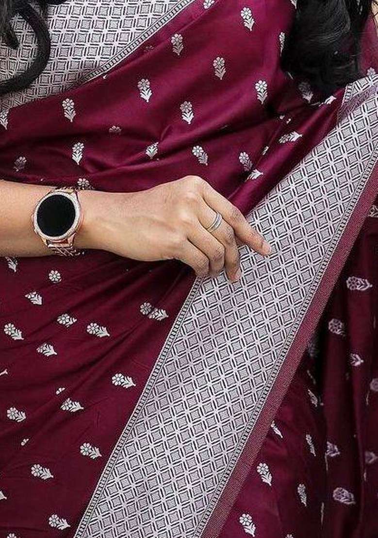 Wine Jacquard Silk Blend Saree Set for Diwali | Wedding & Festive Wear - Indya