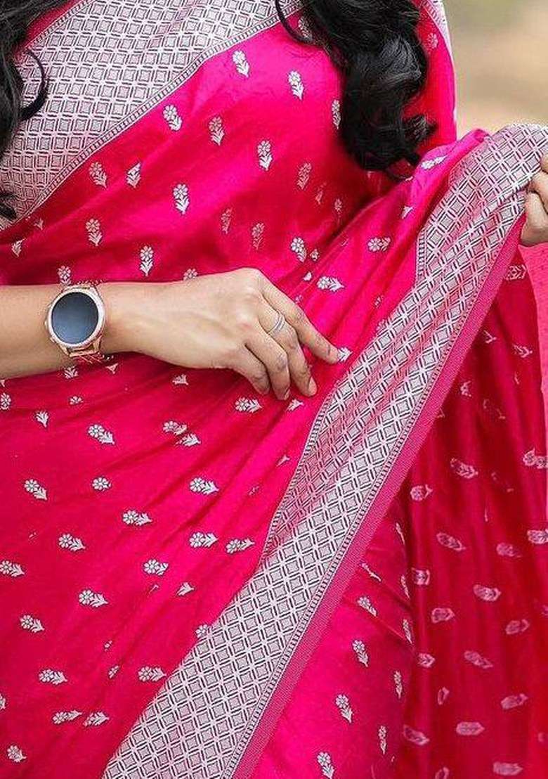 Pink Jacquard Silk Blend Saree Set for Diwali | Wedding & Festive Wear - Indya