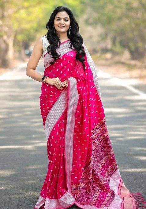 Pink Jacquard Silk Saree Set