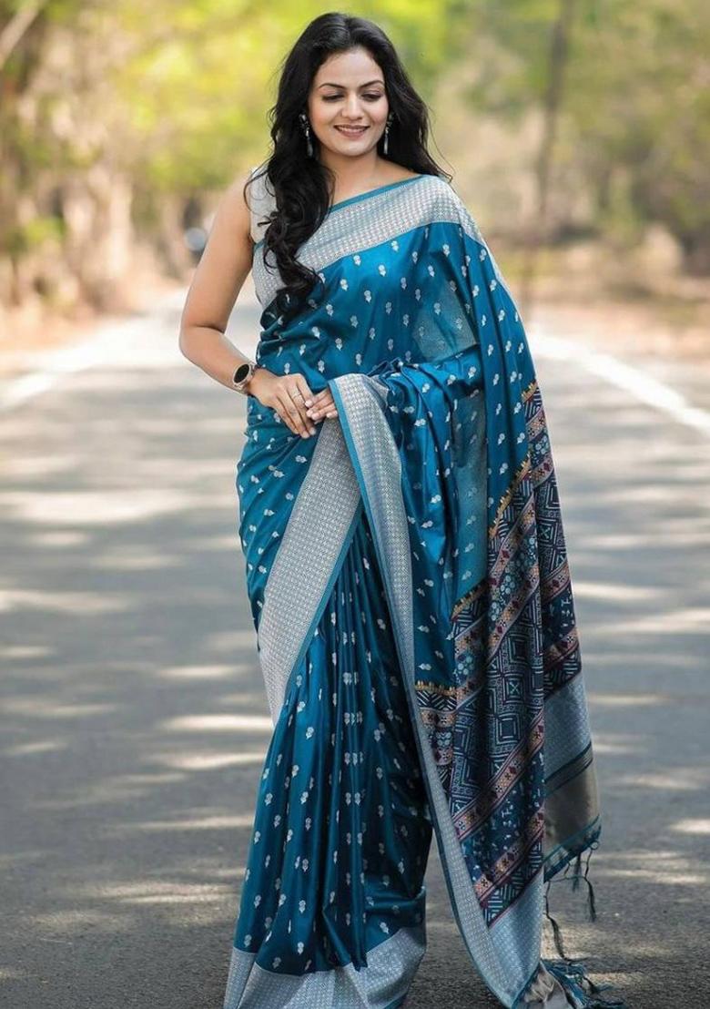 Petrol Blue Jacquard Silk Saree Set
