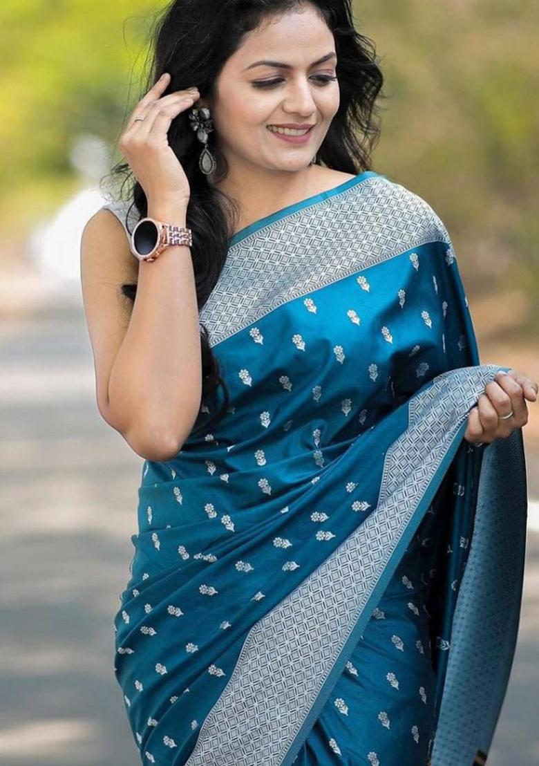 Petrol Blue Jacquard Silk Saree Set