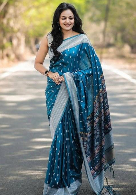 Petrol Blue Jacquard Silk Saree Set