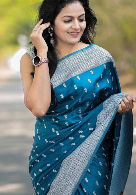 Petrol Blue Jacquard Silk Saree Set
