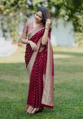 Maroon Jacquard Silk Saree Set