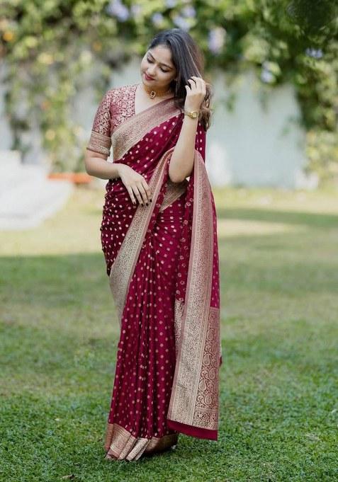 Maroon Jacquard Silk Saree Set