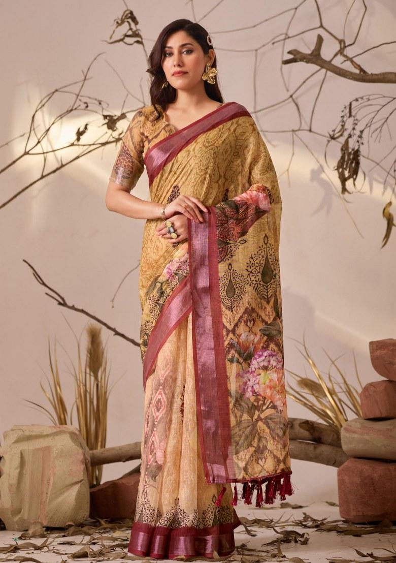 Mustard Yellow Embroidered Cotton Saree Set