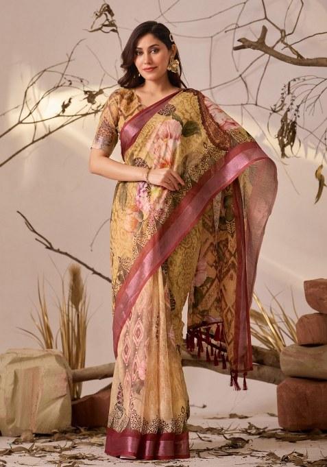 Mustard Yellow Embroidered Cotton Saree Set