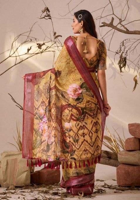 Mustard Yellow Embroidered Cotton Saree Set