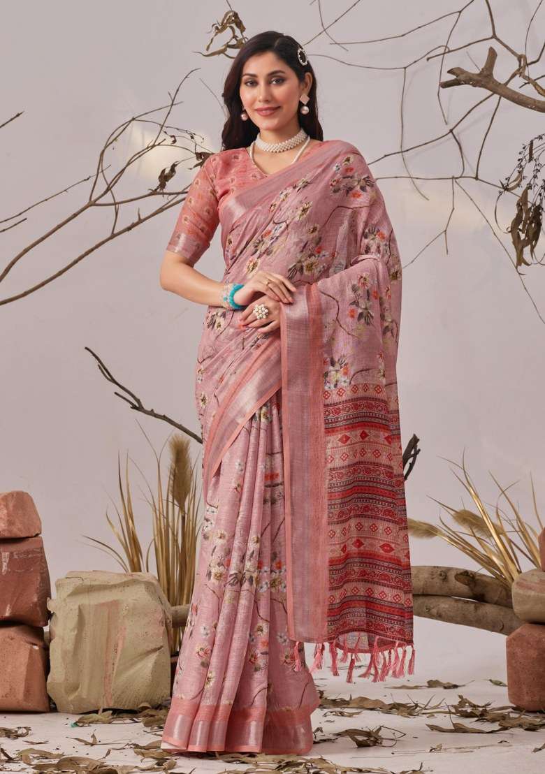 Pink Embroidered Cotton Saree Set for Diwali and Festive Wear - Indya