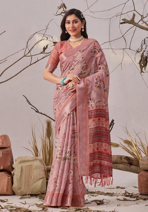 Pink Embroidered Cotton Saree Set