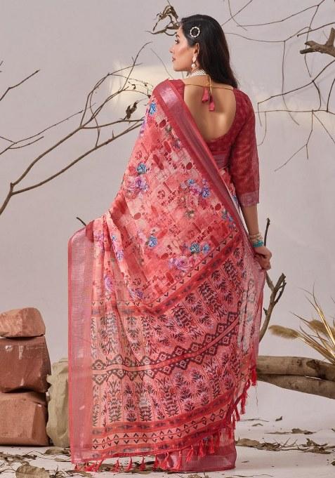 Red Embroidered Cotton Saree Set