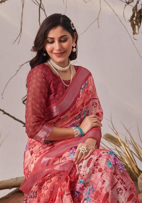 Red Embroidered Cotton Saree Set