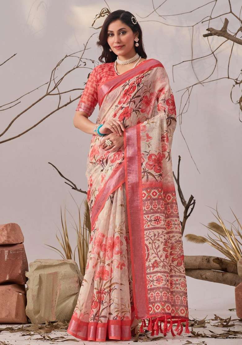 Cream Cotton Saree Set with Embroidered for Diwali | Wedding & Festive Wear - Indya
