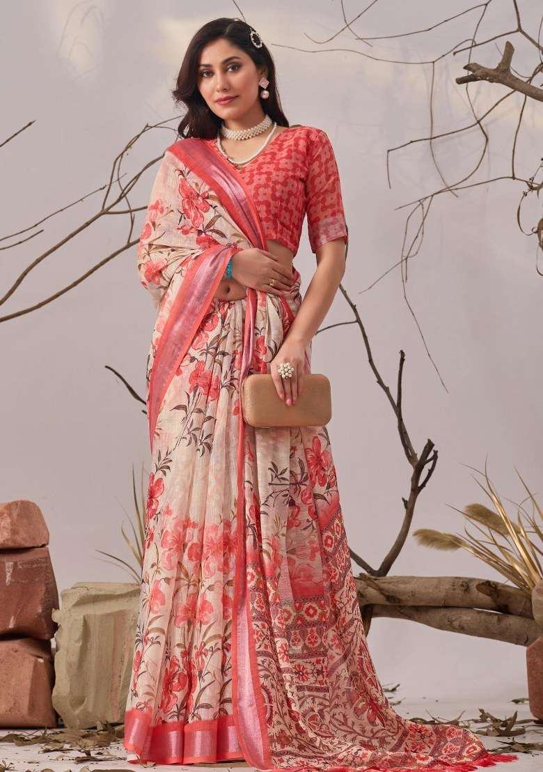 Cream Cotton Saree Set with Embroidered for Diwali | Wedding & Festive Wear - Indya