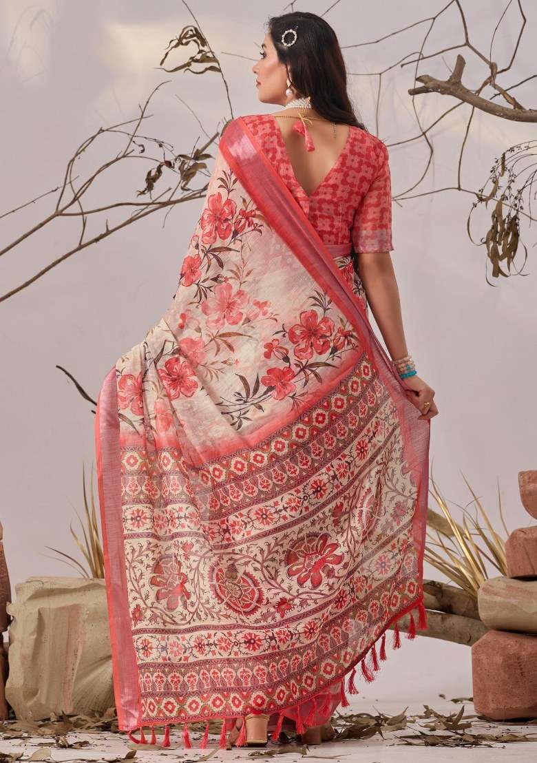 Cream Cotton Saree Set with Embroidered for Diwali | Wedding & Festive Wear - Indya