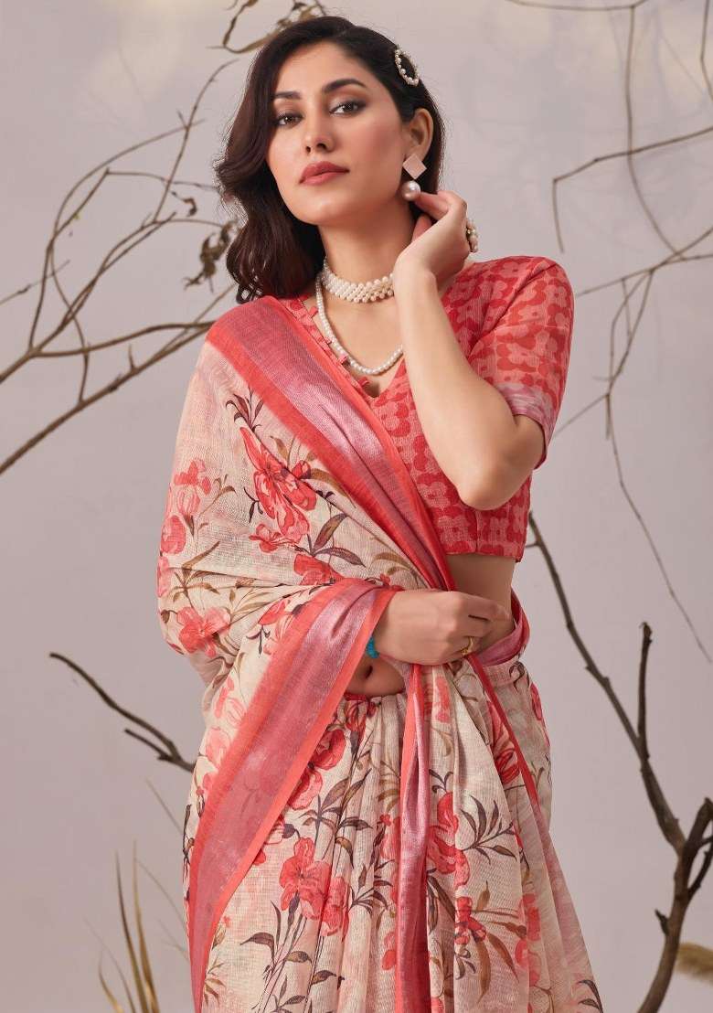 Cream Cotton Saree Set with Embroidered for Diwali | Wedding & Festive Wear - Indya