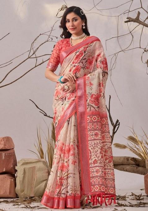 Cream Embroidered Cotton Saree Set