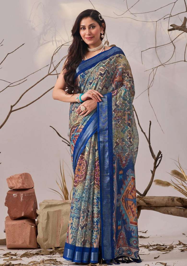 Blue Embroidered Cotton Saree Set for Diwali and Festive Wear - Indya