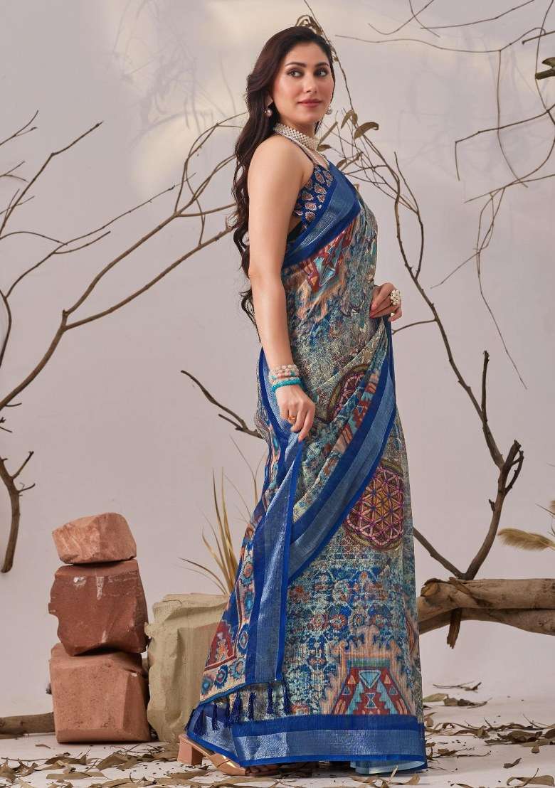 Blue Embroidered Cotton Saree Set for Diwali and Festive Wear - Indya