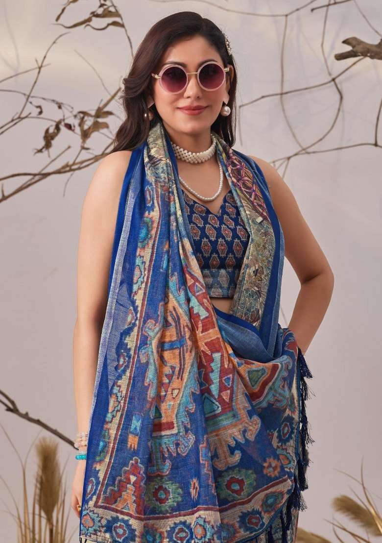 Blue Embroidered Cotton Saree Set for Diwali and Festive Wear - Indya