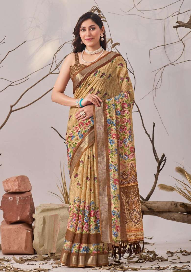 Brown Embroidered Cotton Saree Set for Diwali and Festive Wear - Indya