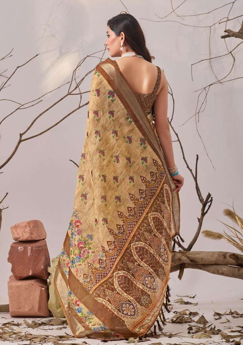 Brown Embroidered Cotton Saree Set for Diwali and Festive Wear - Indya