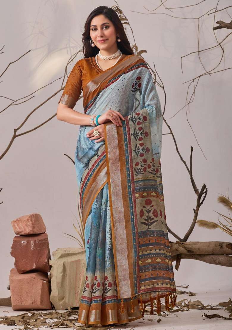 Blue Embroidered Cotton Saree Set for Diwali and Festive Wear - Indya