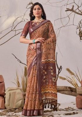 Brown Embroidered Cotton Saree Set
