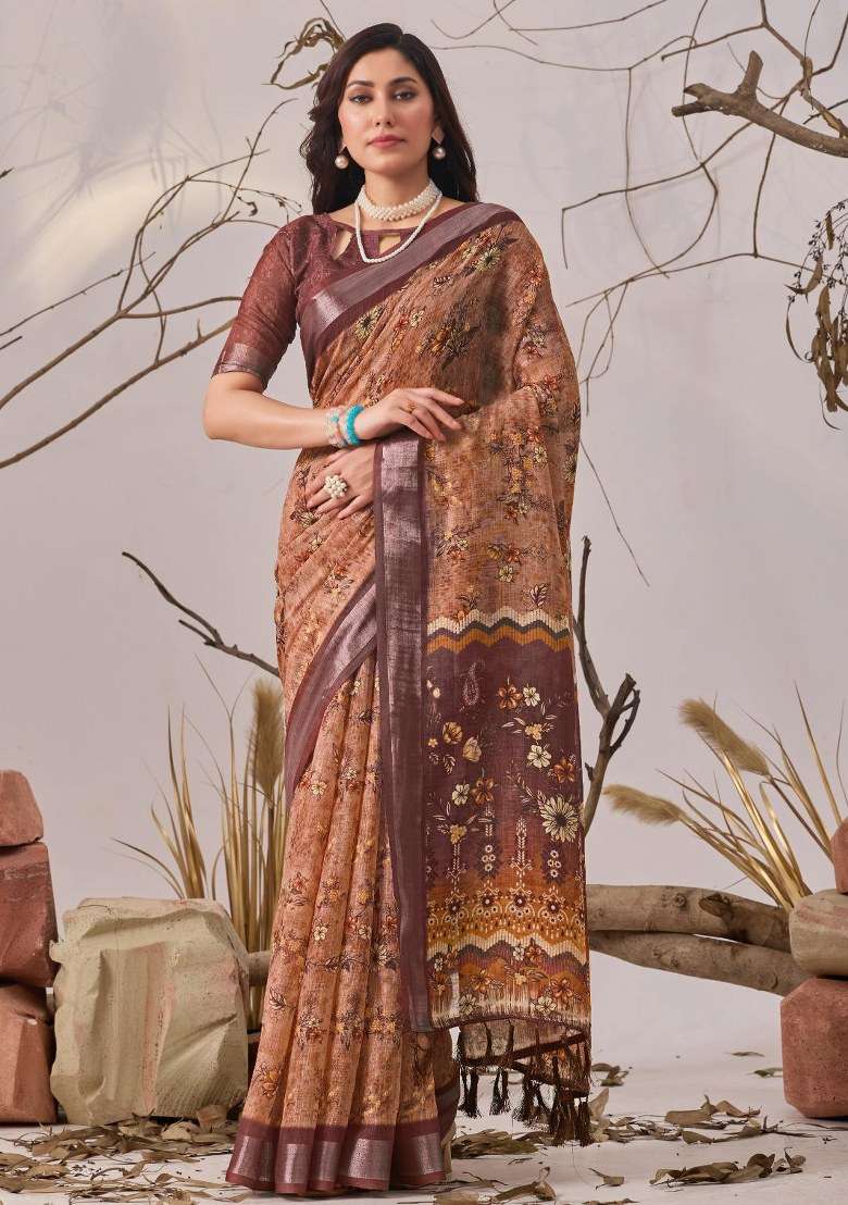 Brown Embroidered Cotton Saree Set for Diwali and Festive Wear - Indya
