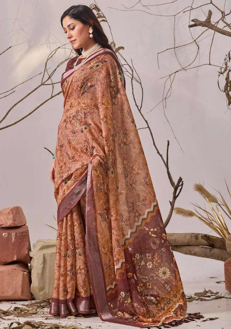 Brown Embroidered Cotton Saree Set for Diwali and Festive Wear - Indya