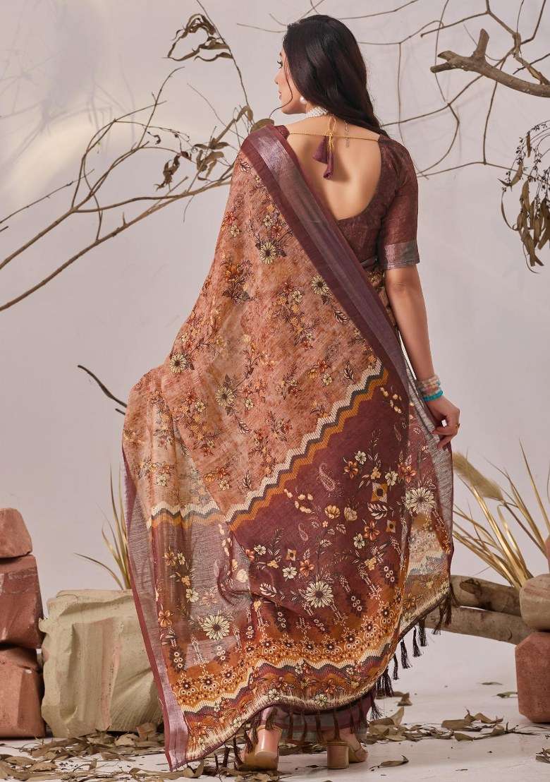 Brown Embroidered Cotton Saree Set for Diwali and Festive Wear - Indya