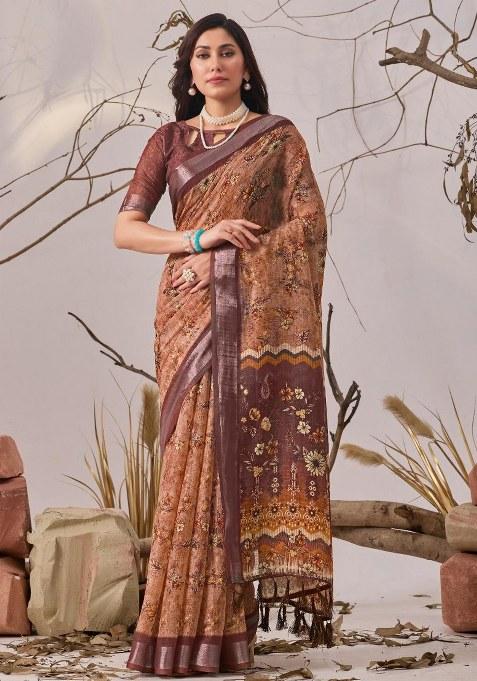 Brown Embroidered Cotton Saree Set