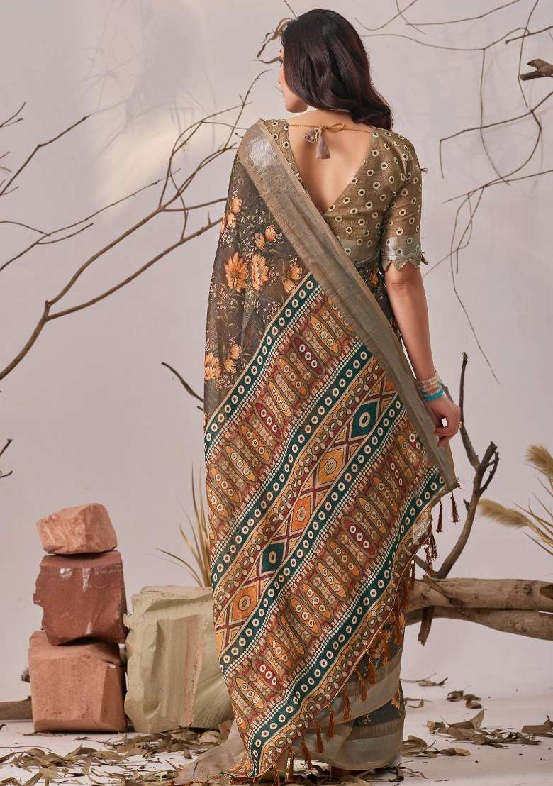 Brown Embroidered Cotton Saree Set for Diwali and Festive Wear - Indya
