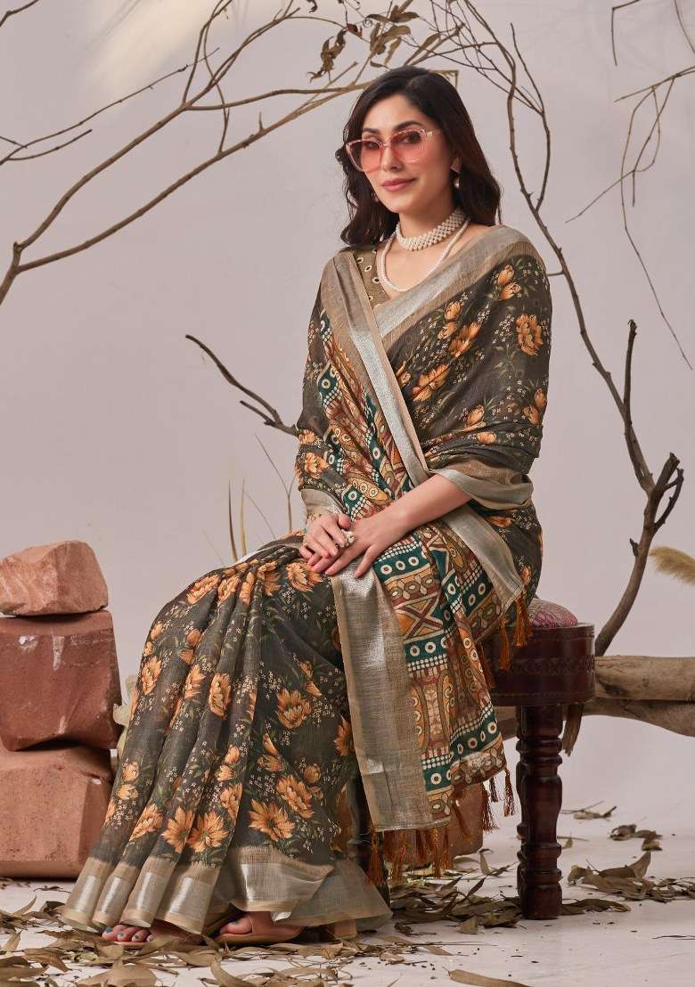 Brown Embroidered Cotton Saree Set for Diwali and Festive Wear - Indya