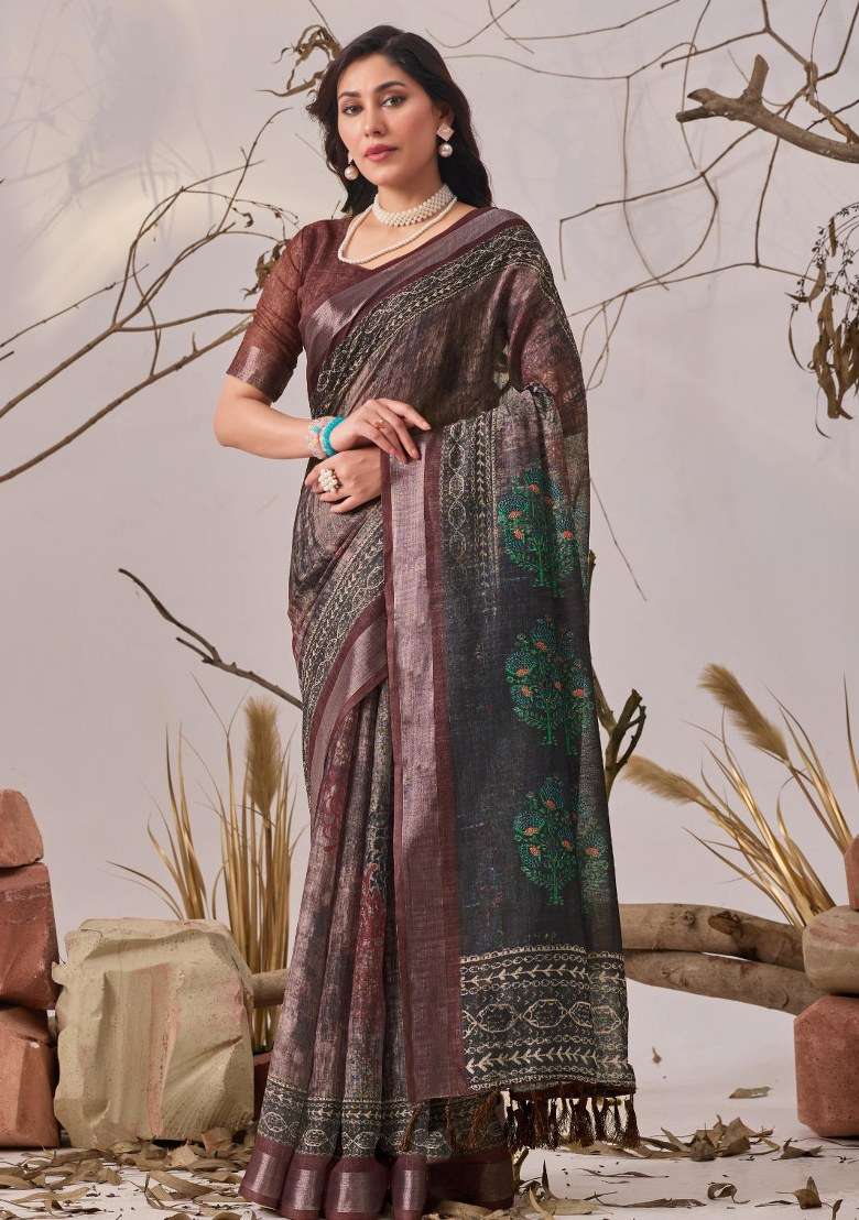 Wine Embroidered Cotton Saree Set for Diwali and Festive Wear - Indya